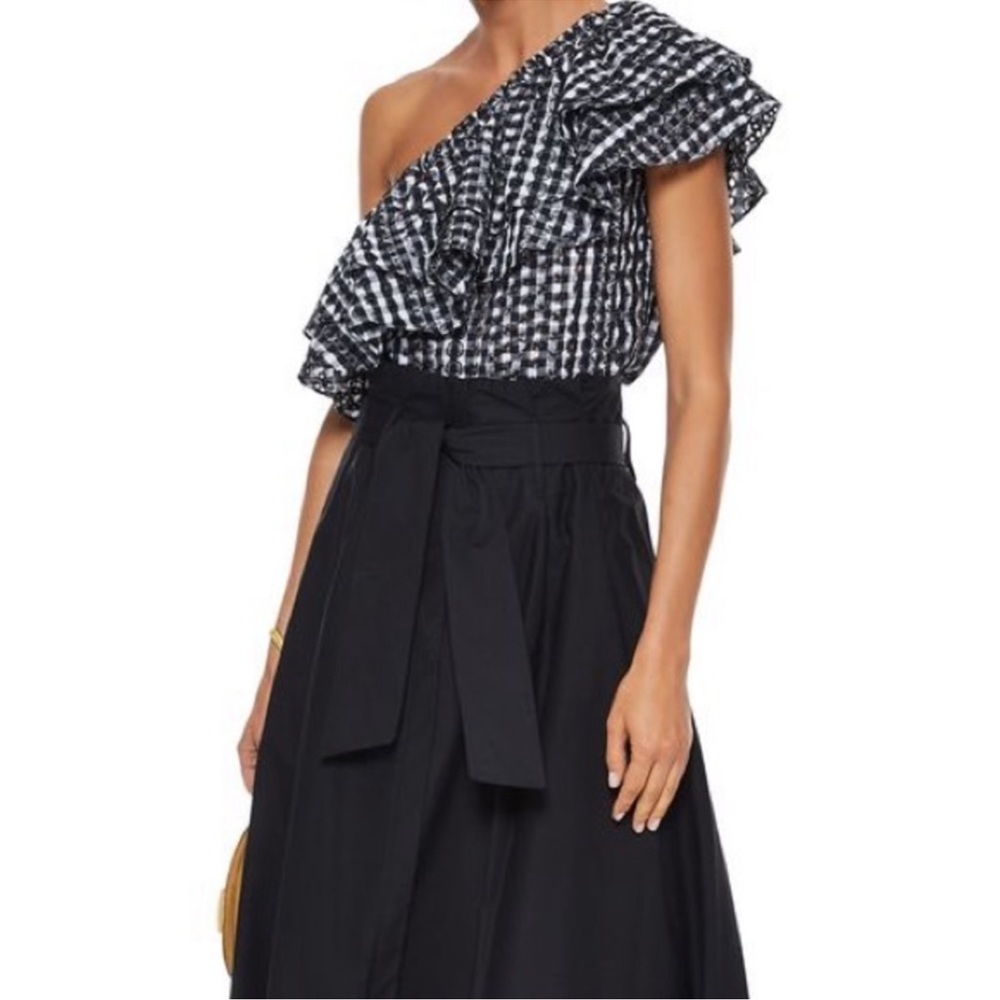New REBECCA MINKOFF lily one-shoulder gingham top XS Embroidered EYELET B&W